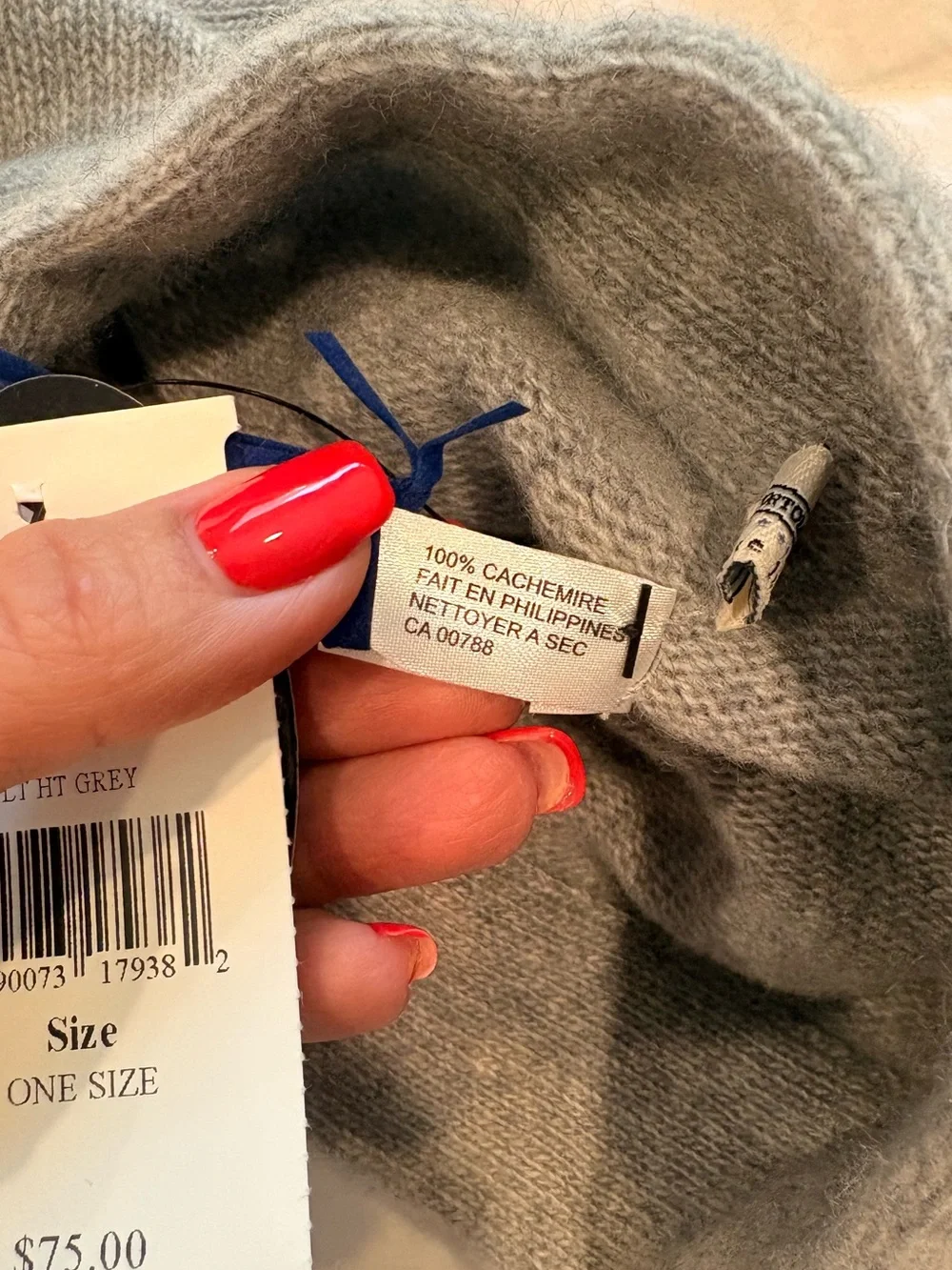 Portolano 100% Cashmere Gray Slouchy Beanie Hat NWT One Size